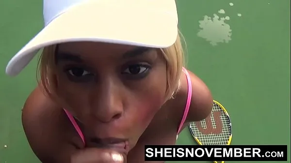 Watch I'm Sucking A Stranger Big Cock POV On The Public Tennis Court For Beating Me, Busty Ebony Whore Sheisnovember Giving A Blowjob With Her Large Natural Tits And Erect Nipples Out, Exposing Her Big Ass With Upskirt While Walking by Msnovember energy Movies