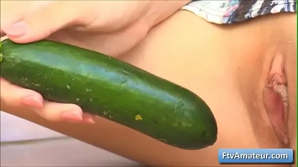 Watch Sexy brunette amateur with amazing big natural boobs fucks her shaved cunt with long cucumber for a massive orgasm energy Movies