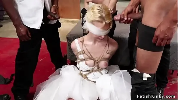 Watch Blindfolded blonde bride in rope bondage and wedding dress gets mouth banged then double penetration interracial fucked energy Movies