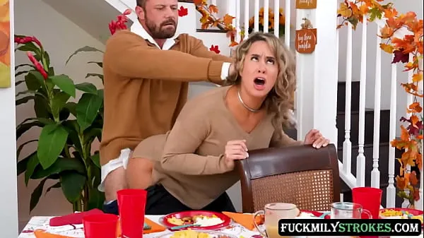 How to celebrate Thanksgiving? Suck your stepbrother's dick under the table and then fuck him with your stepsister on the sofa until cumming on her face and perfect tits